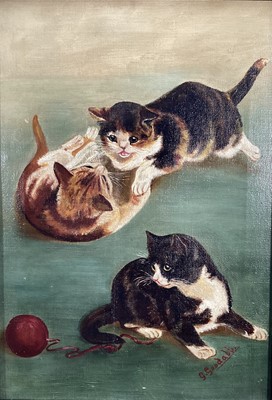 Lot 137 - G. Goodall, oil on canvas, Kittens playing, signed, in silver frame, circa 1900. 35 x 24cm.