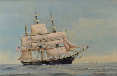 Lot 32 - Michael Barton 1987, oil on board, three masted barque N.B. Palmer launched in 1851, signed, also inscribed verso, in gilt frame. 40 x 60cm.