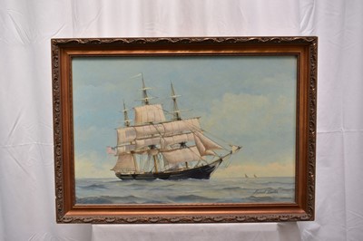 Lot 32 - Michael Barton 1987, oil on board, three masted barque N.B. Palmer launched in 1851, signed, also inscribed verso, in gilt frame. 40 x 60cm.