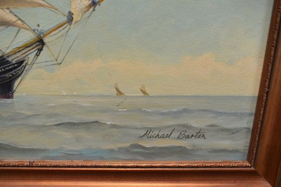 Lot 32 - Michael Barton 1987, oil on board, three masted barque N.B. Palmer launched in 1851, signed, also inscribed verso, in gilt frame. 40 x 60cm.