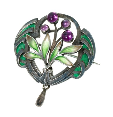 Lot 402 - Arts and Crafts/Jugendstil silver amethyst and plique-à-jour enamel brooch with stylised floral design