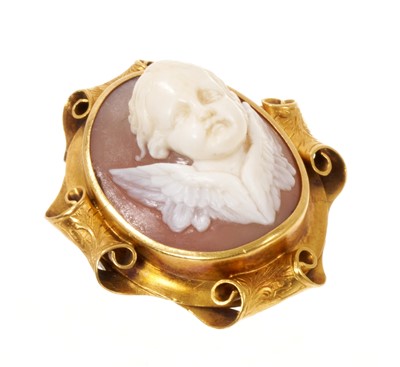 Lot 407 - 19th century Italian carved shell cameo brooch depicting an angel, in gold mount with engraved scrolls, in original fitted leather box retailed by A.B. Savory & Sons, London.