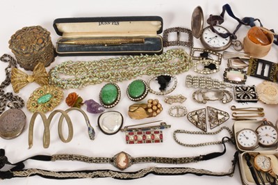 Lot 401 - Group of antique and vintage jewellery and costume jewellery to include a Victorian silver locket on chain, Gerard-Perregaux 9ct gold cased wristwatch, other watches, silver and enamel snake bra...