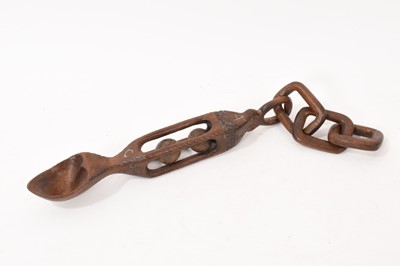 Lot 785 - Mid-20th century Welsh carved wooden love spoon, dated 1950, 37cm long