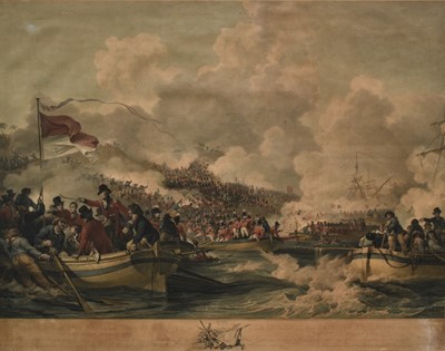 Lot 1202 - After Philip James de Loutherbourg, hand coloured engraving, The Landing of The British Troops in Egypt, March 1801, 59.5cm x 77cm, in glazed frame