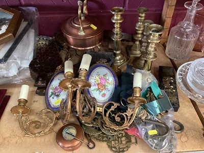 Lot 668 - Pair cast metal twin sconce wall light fittings, brass candle sticks and other metal ware