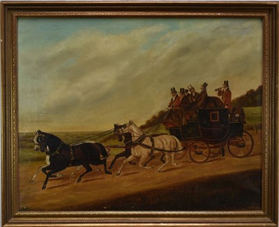 Lot 1009 - English School, 19th century, oil on canvas - Coaching Scene, 61cm x 76cm, in gilt frame