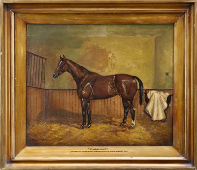 Lot 1006 - Albert Clark (1843-1928) oil on canvas - A Racehorse in Stable, "Flashlight", signed, 51cm x 61cm, in gilt frame