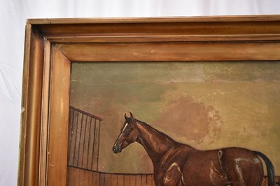 Lot 1006 - Albert Clark (1843-1928) oil on canvas - A Racehorse in Stable, "Flashlight", signed, 51cm x 61cm, in gilt frame