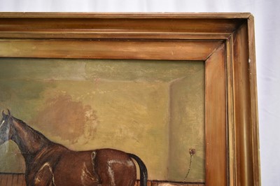 Lot 1006 - Albert Clark (1843-1928) oil on canvas - A Racehorse in Stable, "Flashlight", signed, 51cm x 61cm, in gilt frame