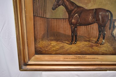 Lot 1006 - Albert Clark (1843-1928) oil on canvas - A Racehorse in Stable, "Flashlight", signed, 51cm x 61cm, in gilt frame
