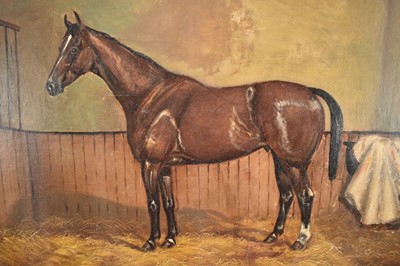 Lot 1006 - Albert Clark (1843-1928) oil on canvas - A Racehorse in Stable, "Flashlight", signed, 51cm x 61cm, in gilt frame