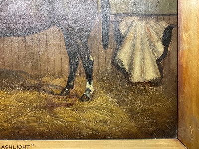 Lot 1006 - Albert Clark (1843-1928) oil on canvas - A Racehorse in Stable, "Flashlight", signed, 51cm x 61cm, in gilt frame