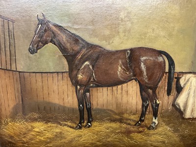 Lot 1006 - Albert Clark (1843-1928) oil on canvas - A Racehorse in Stable, "Flashlight", signed, 51cm x 61cm, in gilt frame
