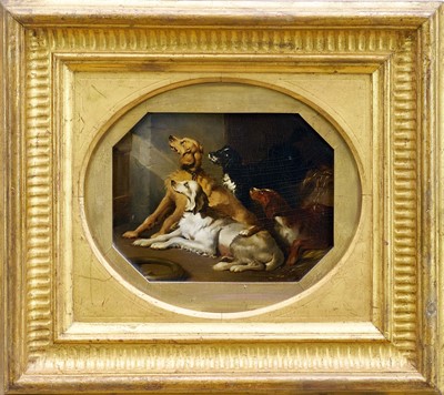 Lot 1010 - Manner of Edwin Landseer (1802-1873), pair of oils on board - Sporting Dogs in an Interior, octagonal mounts, 17cm x 22cm, in gilt frames