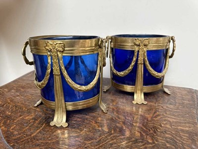 Lot 793 - Pair of ormolu and blue glass cache pots