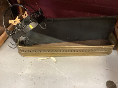 Lot 671 - Vintage leather suit case, cast metal pot hanger and brass fender