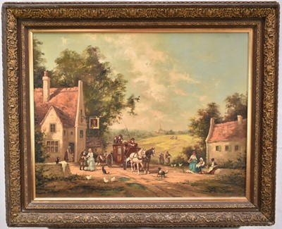 Lot 1213 - Gudrun Sibbons (1925-2020) oil on canvas - Coaching scene, signed, 51cm x 66cm, in gilt frame