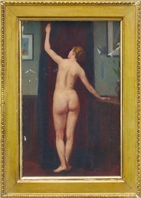 Lot 1212 - Attributed to Hubert von Herkomer (1849-1914), oil on canvas - Standing Female Nude, 34cm x 22cm, in gilt frame