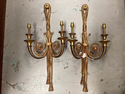 Lot 672 - Pair of twin sconce wall light fittings with tassell decoration