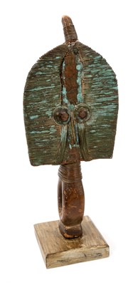 Lot 832 - African tribal Mahongwe guardian figure, with applied copper ornament, 37cm high