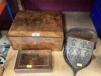 Lot 687 - Walnut writing box, heraldic shield wall bracket and wooden box