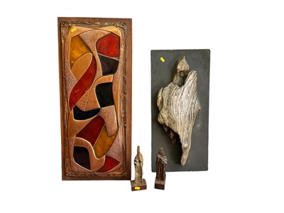 Lot 846 - Local interest: three abstract wooden sculptures with 1960s Lavenham gallery labels, and an abstract copper plaque signed Dunhill 68