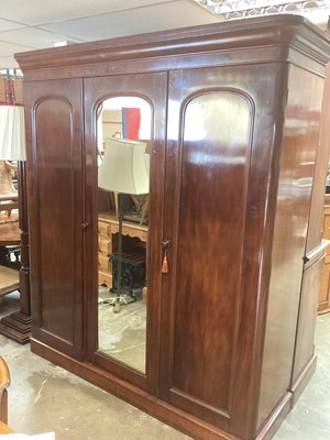 Lot 1287 - Victorian mahogany triple wardrobe with central mirror door, 188cm wide, 60cm deep, 210cm high