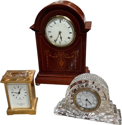 Lot 274 - Edwardian inlaid mantel clock, Waterford crystal clock, and a Thomas Braithwaite brass cased carriage clock (3)