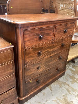 Lot 1290 - Good quality 19th century flame mahogany chest of two short and three long drawers, 122.5cm wide, 57cm deep, 124.5cm high