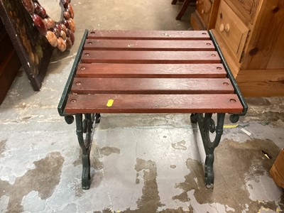 Lot 1299 - Iron and slatted wood garden coffee table/seat, 46cm wide, 43cm deep, 41cm high