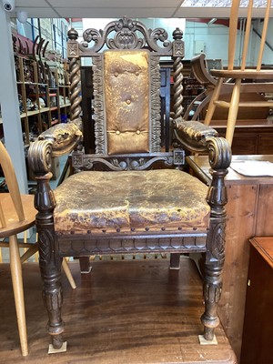 Lot 1308 - Victorian carved oak elbow chair with barley twist supports