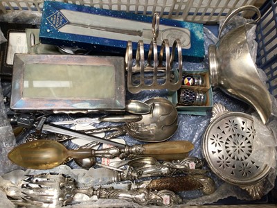 Lot 343 - Group of plated cutlery and flatware including The Blue Star Line gravy boat, toast rack and dish