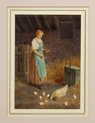 Lot 1070 - Victorian English School watercolour - Feeding The Chickens, indistinctly signed, 25cm x 17cm, in glazed gilt frame