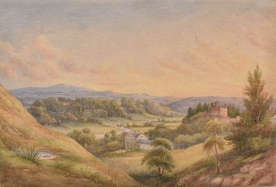 Lot 1071 - Victorian English School watercolour - Extensive rolling landscape with a country house and folly, 23.5cm x 35cm, in glazed frame