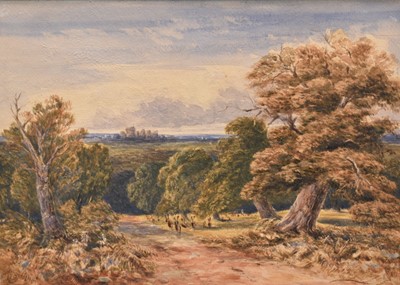 Lot 1072 - Victorian English School watercolour - Deer Grazing in a Park, Windsor Castle beyond, 27cm x 37cm, in glazed gilt frame