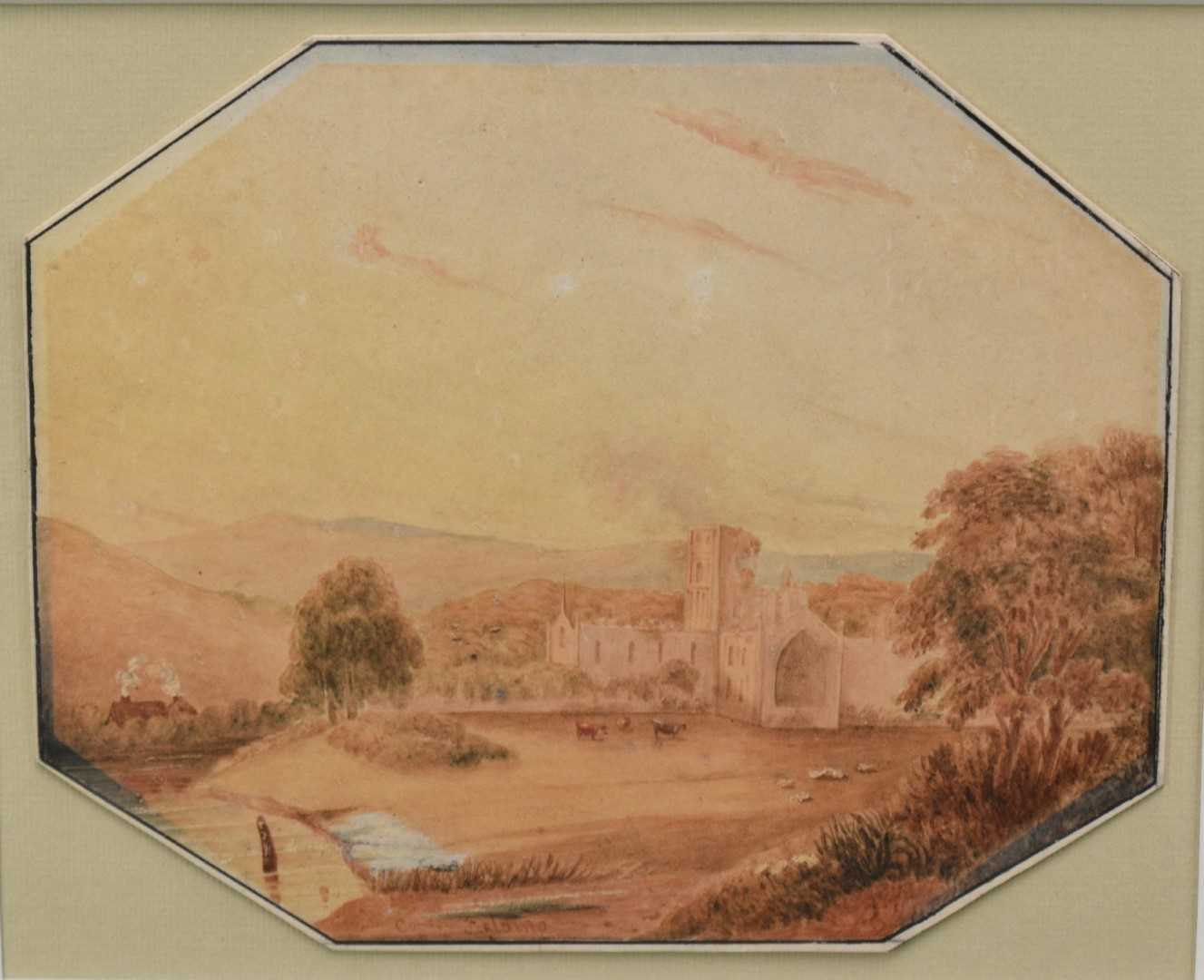 Lot 340 - Manner of Copley Fielding (1787-1855) watercolour - Fountains Abbey, signed, octagonal. 17cm x 20.5cm, in glazed gilt frame