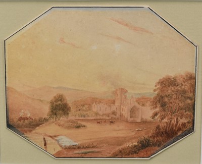 Lot 1073 - Manner of Copley Fielding (1787-1855) watercolour - Fountains Abbey, signed, octagonal. 17cm x 20.5cm, in glazed gilt frame