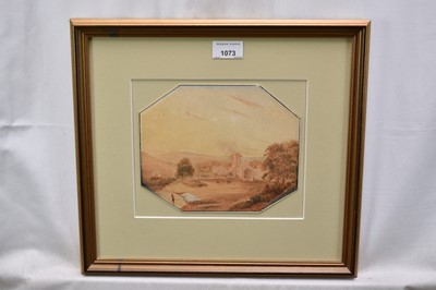 Lot 340 - Manner of Copley Fielding (1787-1855) watercolour - Fountains Abbey, signed, octagonal. 17cm x 20.5cm, in glazed gilt frame