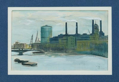 Lot 1069 - M. Powell, mid 20th century, pencil and watercolour - Battersea Power Station from Queensborough House, signed, 14cm x 22cm, in glazed frame