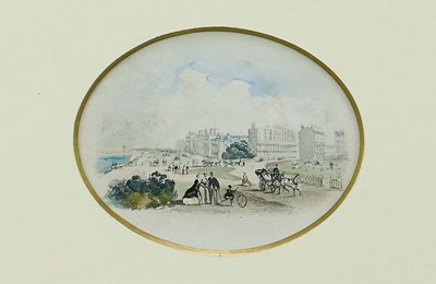 Lot 1077 - Chambers Hall (1786 - 1855), oval pencil and watercolour - The Lees, Folkestone, looking west, 8.5cm x 10.5cm, in glazed gilt frame, 28.5cm x 33.5cm. Exhibited: Fry Gallery Christmas Exhi...