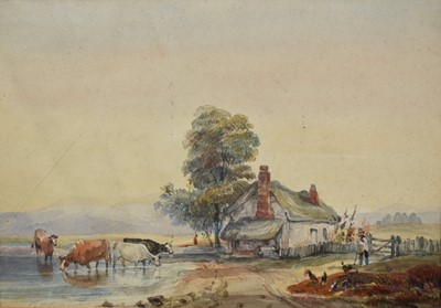 Lot 56 - English School, early 19th century, watercolour - Cattle Watering beside a Cottage, 15.5cm x 22cm, in glazed maple veneered frame