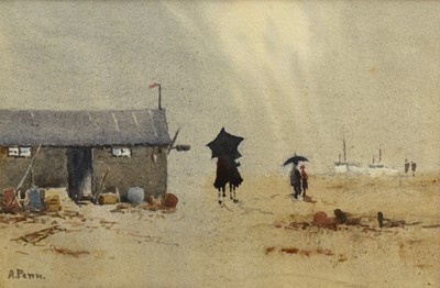 Lot 1104 - Audrey Penn (1897-1992) watercolour - A Wet Day, Aldeburgh Beach, signed, 17cm x 26cm, in glazed frame