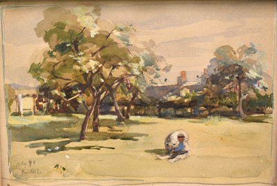 Lot 59 - Mixed group of 19th century and later watercolours to include: William Miller Frazer (1864-1961), Figure in a Garden, inscribed Kurtillo July '91, 13.5 x 20cm, Henry Wilson (1864-1934), Cambridg...