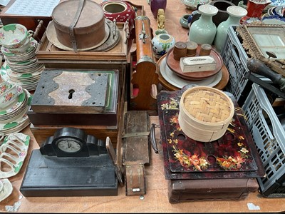 Lot 498 - Collection of various treen to include oak lazy Susan, oak tantalus frame, large gothic lock and other items.