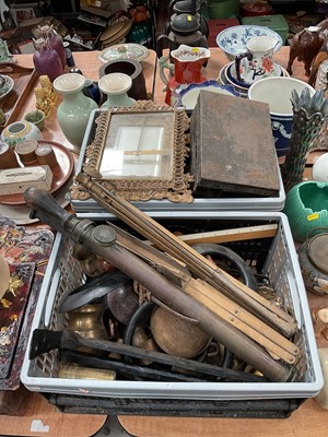 Lot 499 - Two boxes of assorted metalwares to include brass photograph frame, iron gate fittings, brassware and sundries