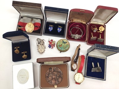 Lot 59 - Pair of silver and enamel sheild crest cufflinks and similar style rampant lion brooch, two silver shooting related crest pendants, two Radley wristwatches etc