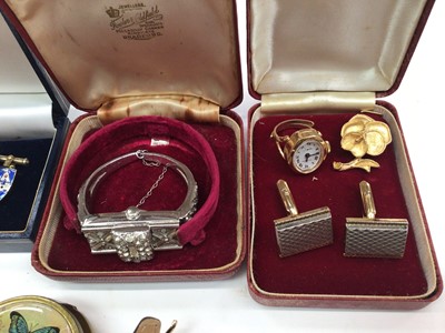 Lot 59 - Pair of silver and enamel sheild crest cufflinks and similar style rampant lion brooch, two silver shooting related crest pendants, two Radley wristwatches etc