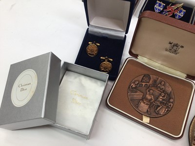 Lot 59 - Pair of silver and enamel sheild crest cufflinks and similar style rampant lion brooch, two silver shooting related crest pendants, two Radley wristwatches etc