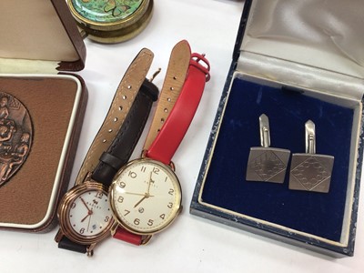 Lot 59 - Pair of silver and enamel sheild crest cufflinks and similar style rampant lion brooch, two silver shooting related crest pendants, two Radley wristwatches etc